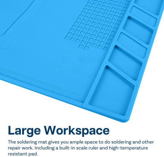 Blauwe mat met '450mm x 300mm S-160' opdruk, en magnetische vakjes voor onderdelen.