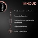 Illustraties die de inhoud van de haarkleurverpakking tonen: tube, flesje, sachet en handschoenen.
