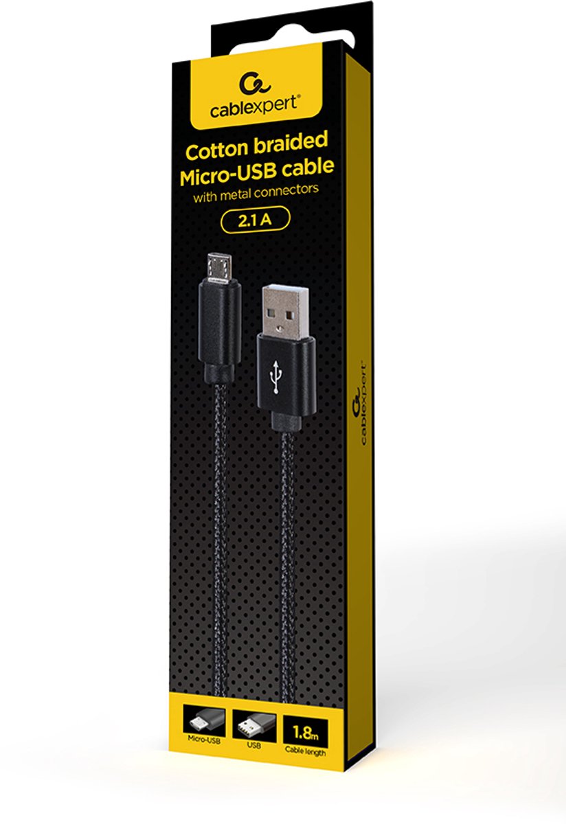 Micro-USB kabel katoen, 1.8 meter zwart, Blister