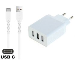 OneOne 3A lader met 3 poorten + 1,2m Sterke USB C kabel. Oplader adapter past op Samsung Galaxy A12, A16, A20, A21, A22, A25, A26, A30, A36, A55, A56, F55, Z Flip, Z Flip 3 / 4 / 5 / 6 / 7, Z Fold, Z Fold 2 / 3 / 4 / 5 / 6 / 7, A17, F16, F36