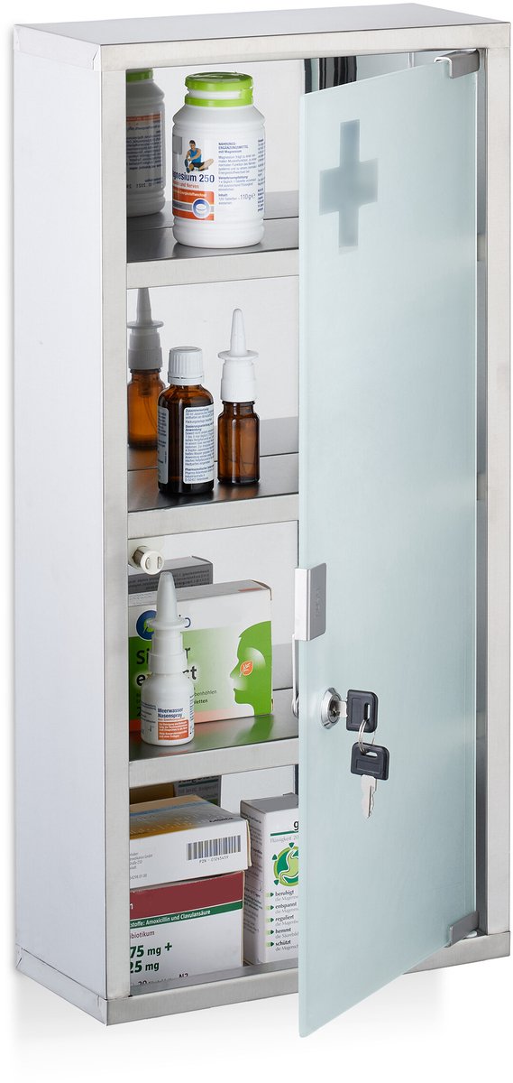 medicijnkastje afsluitbaar - 4 vakken - 57 x 27 x 12 cm - rvs - hangend