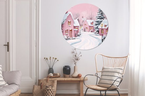 WallCircle - Wandcirkel - Muurcirkel - Kerstdorp - Roze - Winter - Sneeuw - Huizen - Aluminium - Dibond - 120x120 cm - Binnen en Buiten XXL