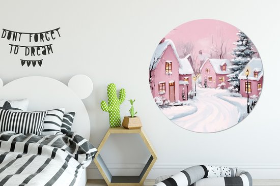 WallCircle - Wandcirkel - Muurcirkel - Kerstdorp - Roze - Winter - Sneeuw - Huizen - Aluminium - Dibond - 120x120 cm - Binnen en Buiten XXL