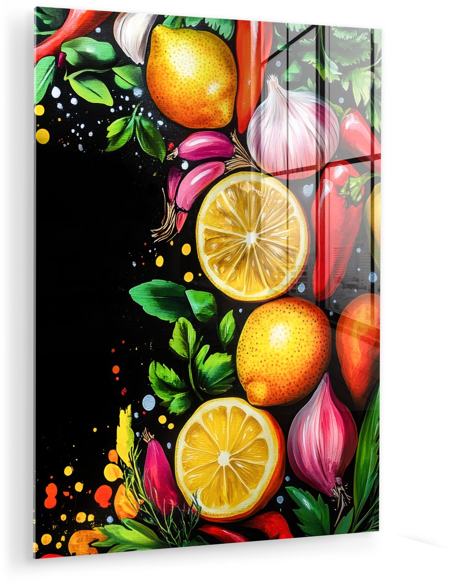 MuchoWow® Glasschilderij 90x120 cm - Schilderij acrylglas - Citroenen - Peper - Kruiden - 