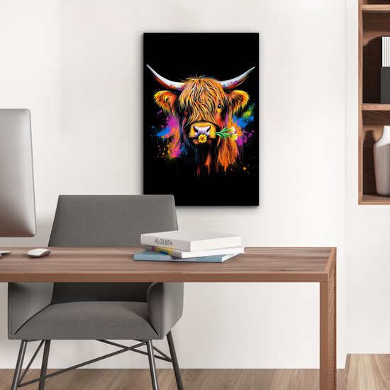 Aluminium schilderij 40x60 cm - Wanddecoratie metaal - Schotse Hooglander - Graffiti - Kleurrijk - Bloem - Dieren - Metalen muurdecoratie woonkamer - Decoratie industrieel - Foto op dibond - Industriële accessoires slaapkamer