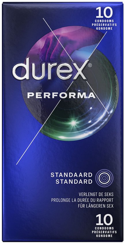 Durex Performa condoomverpakking in donkerblauw met paarse en groene cirkels. Bevat 10 standaard condooms.