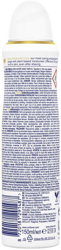 Achterkant van een Dove deodorant spuitbus met productinformatie in meerdere talen. Barcode en 150ml aanduiding zichtbaar.