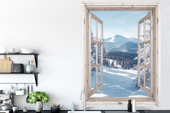 Stickers muraux - Film autocollant - Transparent - Hiver - Paysage - Nature - Berg - Arbres - Wit - 120x160 cm - Film adhésif - Stickers muraux chambre enfant - Papier peint autocollant XXL - Papier peint autocollant - Film autocollant