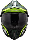 Vue de face d'un casque de moto LS2 Explorer vert avec une visière et des accents jaunes.