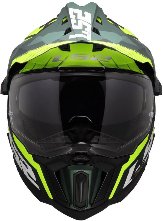 Vue de face d'un casque de moto LS2 Explorer vert avec une visière et des accents jaunes.
