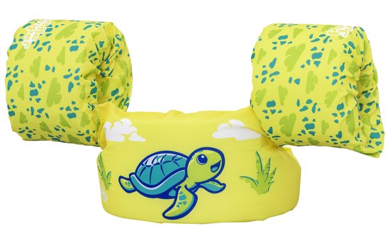 Gele zwembandjes met schildpad, wolken en gras. Witte achtergrond.