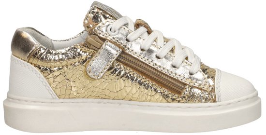 Sneaker dorée avec imprimé léopard, rayures pailletées, zip et bout blanc.