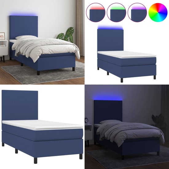 vidaXL Boxspring avec matelas et tissu LED Bleu 90x190 cm - Boxspring - Sommiers - Lit - Meubles de couchage