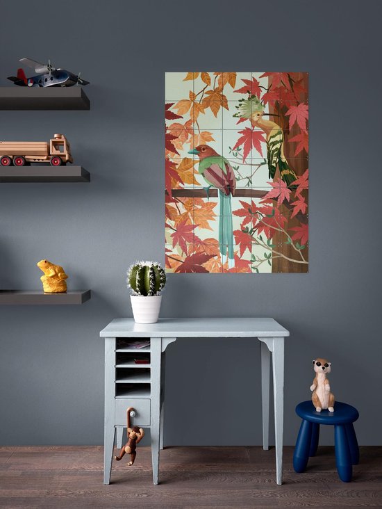 IXXI Birds of Autumn, Goed Blauw - 60 x 80 cm - Gratis ophangtool - Grote wanddecoratie en posters - Speels, Illustraties, Digitale Kunst, Woonkamer