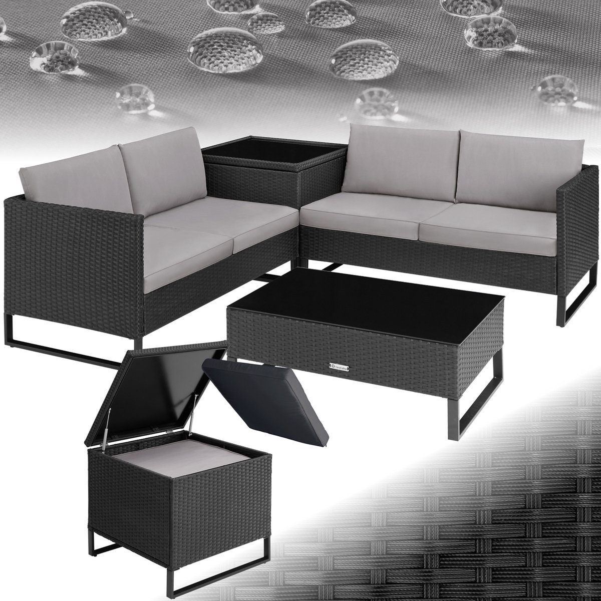 tectake® Wicker Loungeset - 4 Personen - Tuinmeubelset met Tuinbank - Tuintafel met Glazen Blad - Inclusief Opbergbox - Weerbestendig - Tuinset - Balkonsets - Tuinmeubelen - Modulair - Zwart