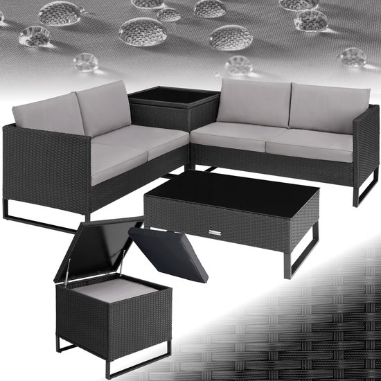 tectake® - Wicker loungezitgroep - tuinmeubelset met bank - Tafel met glazen blad, opbergbox - Weerbestendig - Tuin-, balkon-, terras- of wintertuinmeubels - zwart