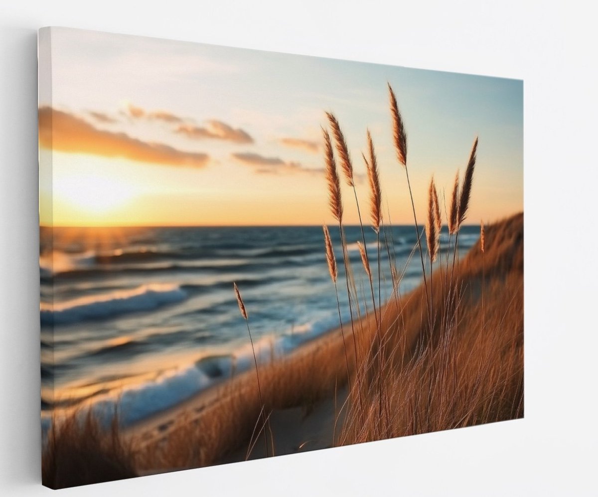 Saammp Canvas Schilderij - Helmgras met zonsondergang - strand - zee - Duinen - 70x50 - Foto op canvas - Wanddecoratie - muurdecoratie Woonkamer - Slaapkamer decoratie - Canvas Print Multicolor