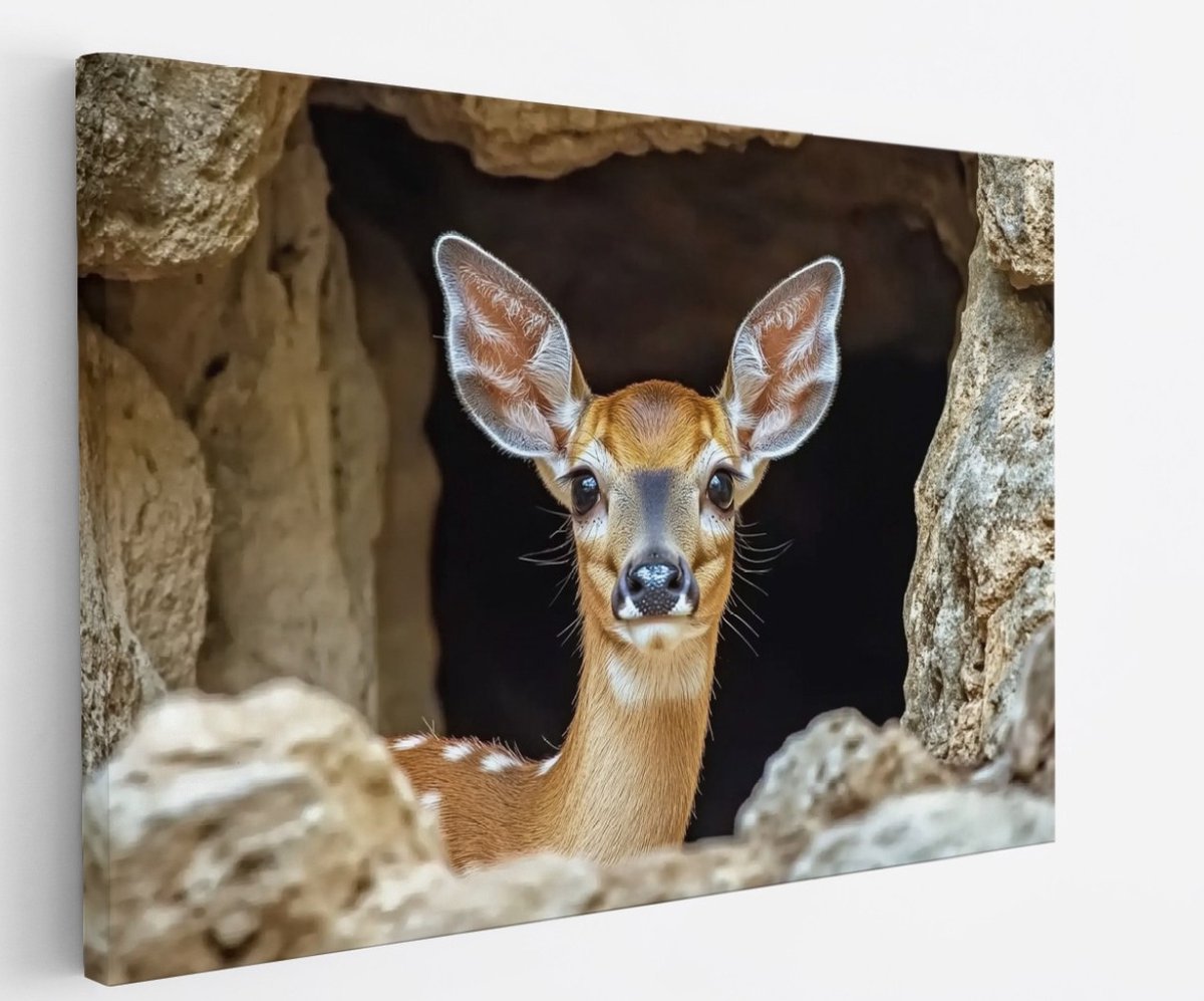 Saammp Canvas Schilderij - Glurend hert - Natuur - Dieren - 100x75 - Foto op canvas - Wanddecoratie - Muurdecoratie Woonkamer - Slaapkamer decoratie - Canvas Print Multicolor