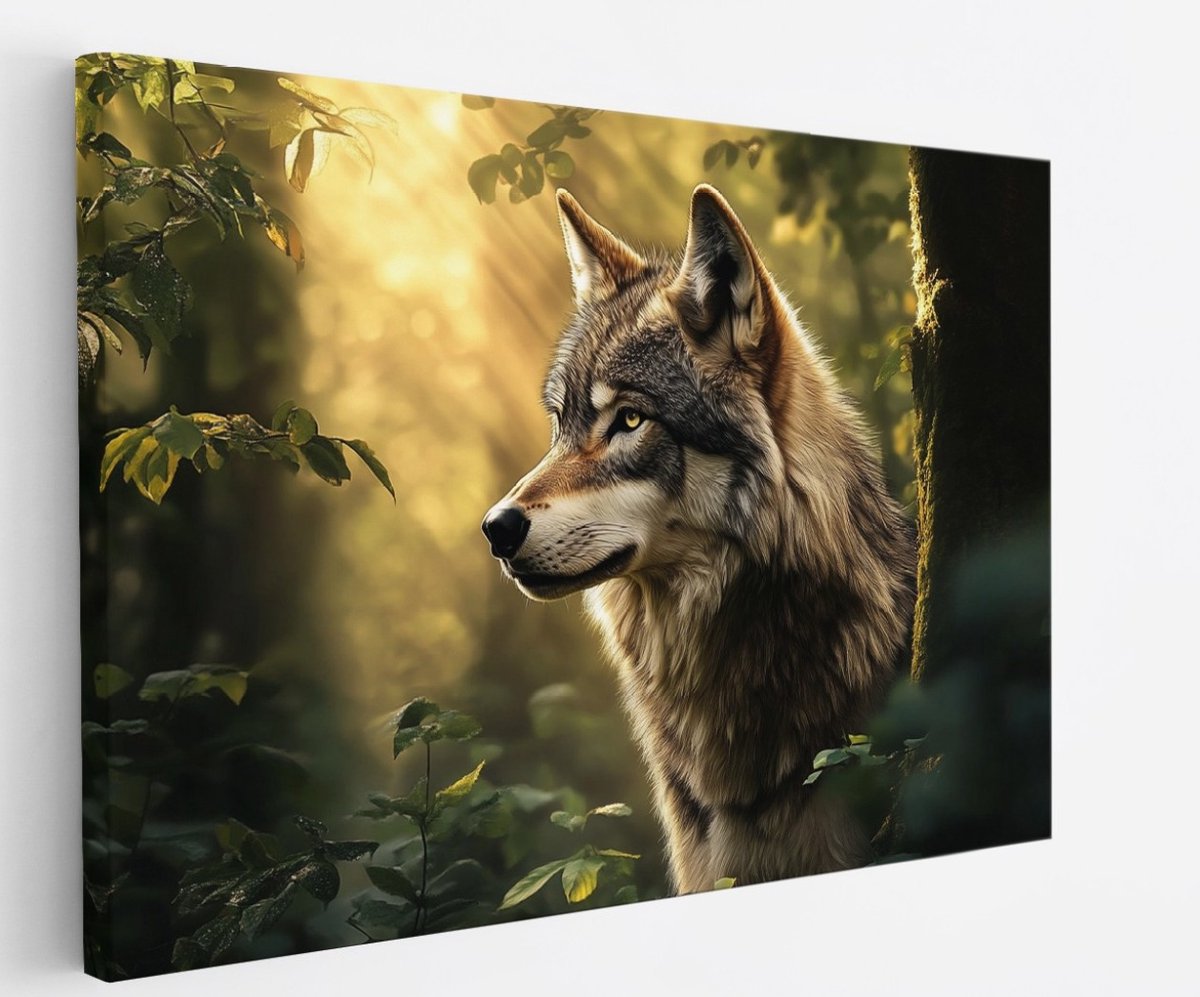 Saammp Canvas Schilderij - Wolf tussen de hoge bomen - Natuur - Landschap - 70x50 - Foto op canvas - Wanddecoratie - Muurdecoratie Woonkamer - Slaapkamer decoratie - Canvas Print Multicolor