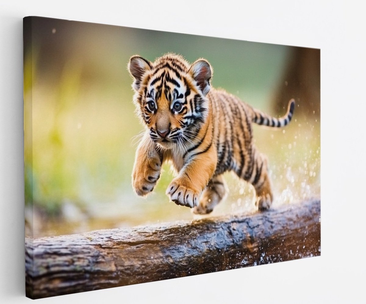 Saammp Canvas Schilderij - Tijger welp op boom - Natuur - Dieren - 90x60 - Foto op canvas - Wanddecoratie - muurdecoratie Woonkamer - Slaapkamer decoratie - Canvas Print Multicolor