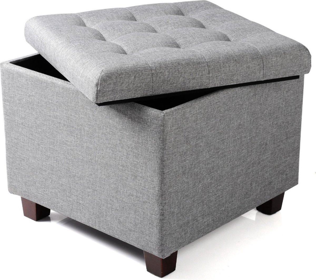 Bolt Edge Poef Deluxe - Lichtgrijs Stof - Voetenbank met Opbergruimte - Opbergbox Hocker - Zitkist met Deksel - 45x45x41cm