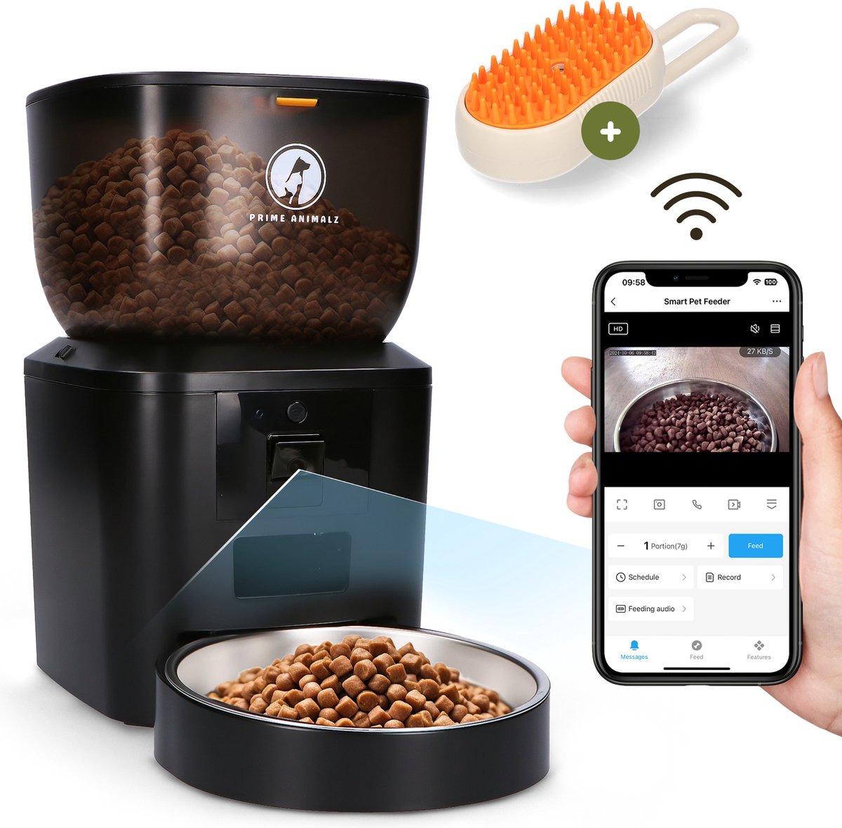 Prime AnimalZ Automatische Voerbak met stoomborstel voor kat en hond - Voerautomaat Dispenser - Voerbak kat Enkel - met Camera - Full HD 1080P Camera met night vision - Two-way Audio - 4L- Zwart