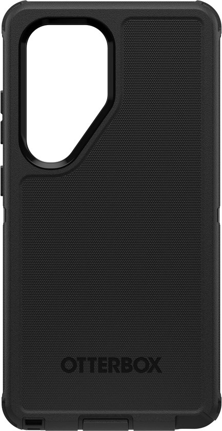 Achterkant van een zwarte OtterBox Defender telefoonhoes met getextureerd patroon en cameralensuitsparing.
