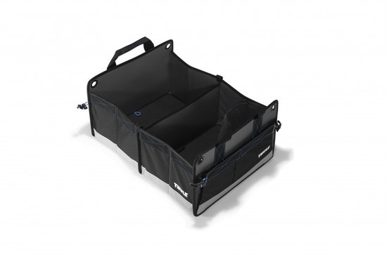 Zwarte Thule Go Box organizer met blauwe stiksels en reflecterende strips aan de onderkant.