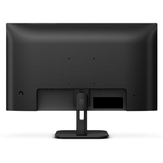 Achteraanzicht van de Philips-monitor, gericht op de zwarte, getextureerde achterzijde en de centrale voetsteun.