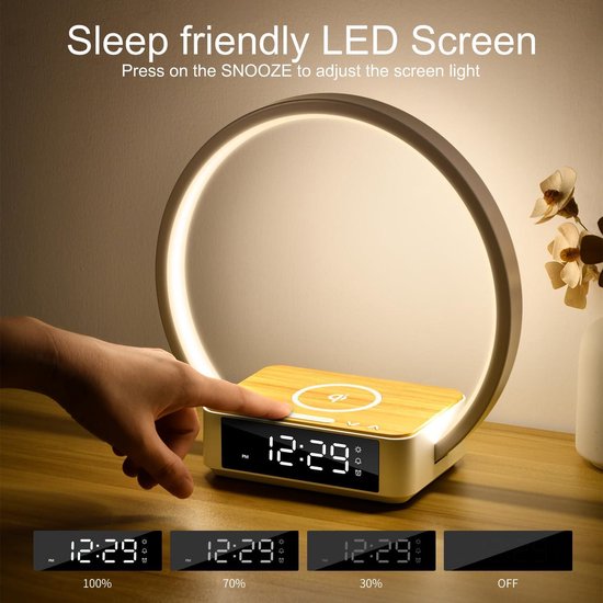 Dimbare touch-bedlamp, 10W tafellamp met draadloze oplader, wake-up light, bureaulamp met klokweergave, 3 helderheidsniveaus voor slaapkamer en kantoor van Ecomoist — afbeelding 2