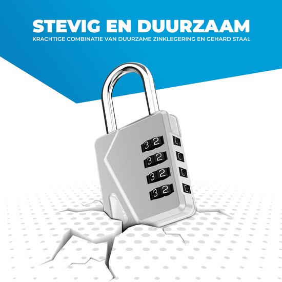 Zilverkleurig cijferslot van stevig en duurzaam materiaal, met een krachtige combinatie van zinklegering en gehard staal.