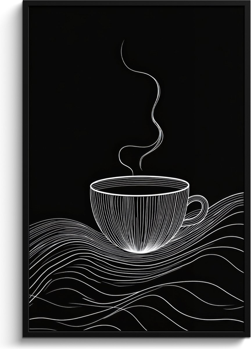 FrameYourWall Fotolijst inclusief poster - Posterlijst 80x120 cm - Posters - Lijntekening - Koffiekop - Zwart - Foto in lijst - Keuken decoratie muur - Wanddecoratie accessoires - Muurdecoratie - Schilderijen