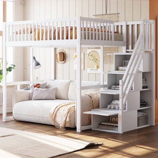 Kinderhoogslaper - 140 X 200 Cm - Met Bureau Kledingkast Trap Met Opbergruimte Metaal Wit