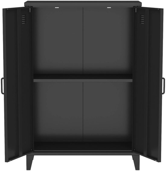 Armoire métallique noire aux portes ouvertes, révélant deux compartiments et deux étagères. Poignées rectangulaires à l'intérieur des portes.