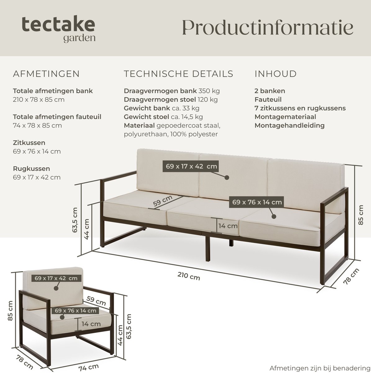 tectake® - Tuin-loungeset Comosa - Voor 7 personen - Tuinset - Twee banken en tuin fauteuil - Waterafstotende en ultradikke zit-en rugkussens - Draagkracht 120kg per zitplaats - Bruin/beige – foto 5