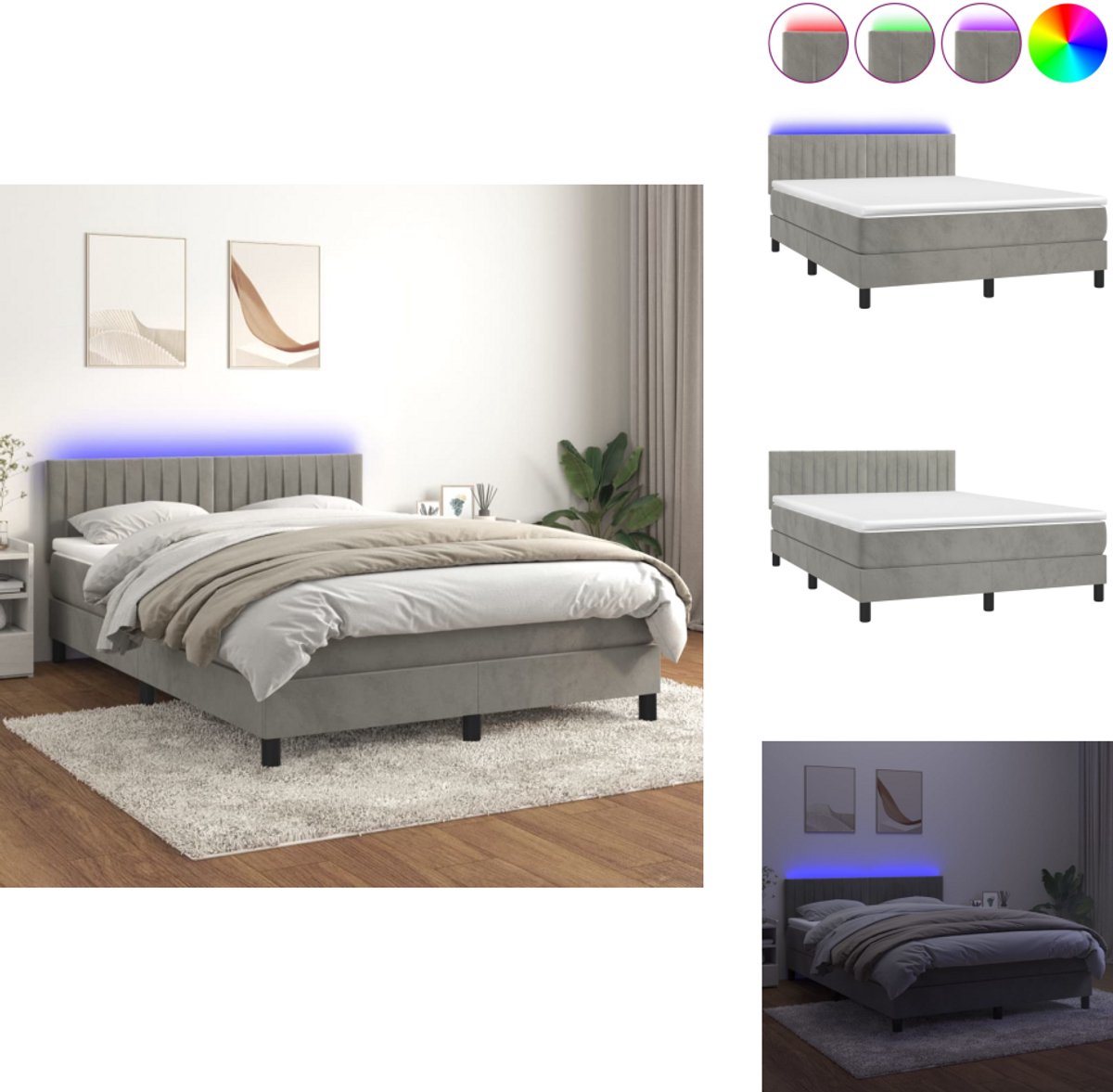 vidaXL Boxspring - Boxsprings - Bed - Slaapmeubel - Boxspring met matras en LED fluweel lichtgrijs 140x190 cm