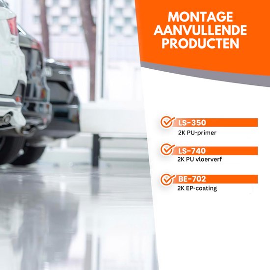 Overzicht van aanvullende producten: LS-350 primer, LS-740 vloerverf en BE-702 EP-coating voor glanzende vloeren.