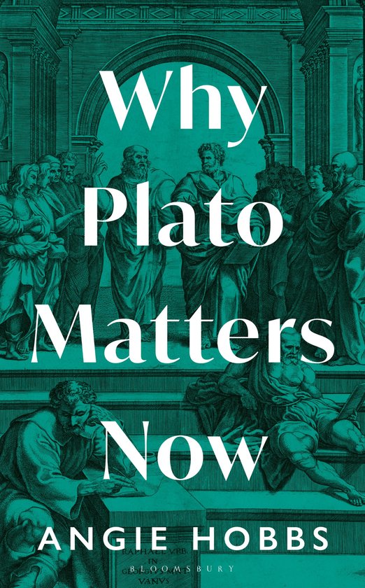 Boekcover van 'Why Plato Matters Now' met een antieke gravure van filosofen, in groentinten.