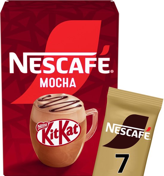 Nescafé Mocha KitKat: doos met 7 zakjes en één los zakje.