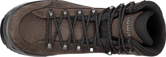 Bovenanzicht van een bruine Lowa Renegade EVO GTX Mid wandelschoen met zwarte veters.