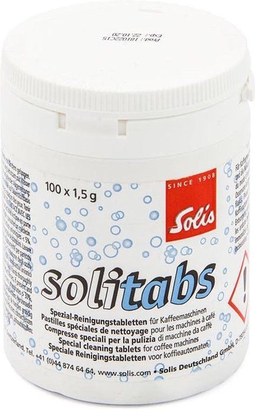 Pot met 100 Solitabs reinigingstabletten voor koffiemachines.