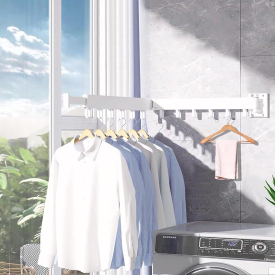 SWAWIS Droogrek, voor wandmontage, kledingstang, 90 cm, uittrekbaar, inklapbaar wasrek, kledingrek, met 12 ophanghaken, voor balkon, wasruimte, badkamer, slaapkamer, 2 vouwarmen