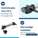 Diagram van een UV-c apparaat dat laat zien hoe de UV-lamp werkt en een controle glas om de werking te controleren.
