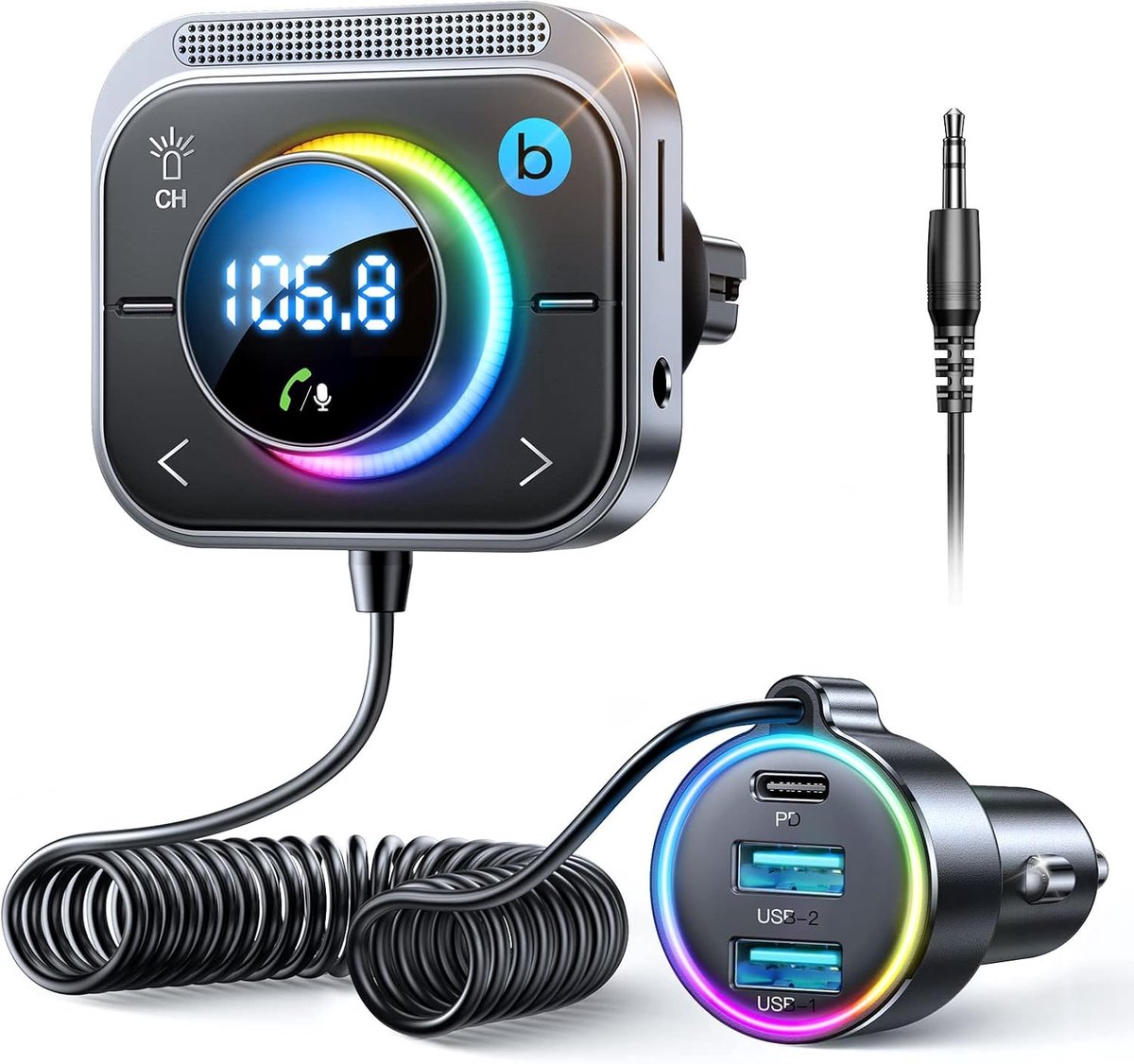 Bluetooth FM-zender met diepe bas en Hi-Fi geluid – USB snellader voor auto met Bluetooth 5.3 en handsfree functie
