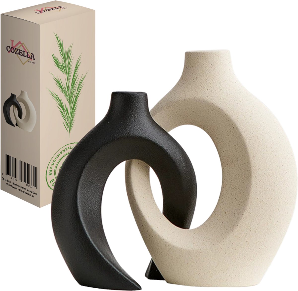 COZELLA® Vaas Duo – Bloemenvaas Keramische Vaas Set – Decoratieve Vaas – Zwart/Wit