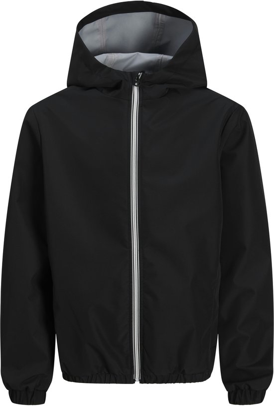 Veste noire à capuche, manches longues, fermeture éclair avec rayures blanches et grises.
