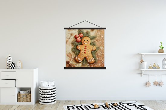 Posterhanger incl. Poster 120x120 cm - Schoolplaat - Kerstmis - Koekje - Poppetje - Speculaas - Textielposter - Zwarte latten
