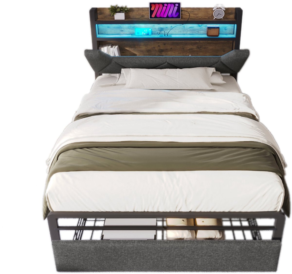 Merax Eenpersoonsbed 90x200 met Opbergruimte – Grijs – USB-C – LED – Inclusief Matras