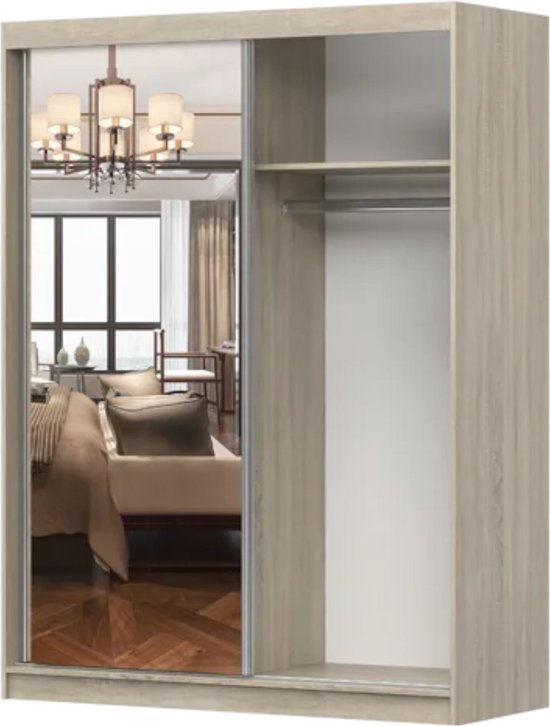 Armoire à portes coulissantes LARA 05 – Armoire 2 portes avec miroir, étagères et tringle à vêtements – design moderne – 150x200x61 cm - LARA 05 (Zwart)