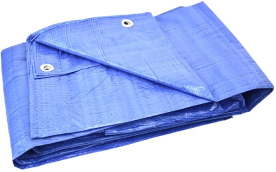 Blauw, waterdicht GEKO zeil (2x3 m) met aluminium ogen, opgevouwen.